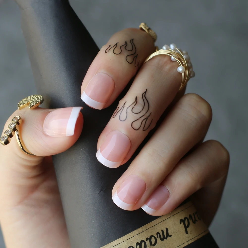 fake french nude Short Square French False nails Nude 24pcs/set Ladies decoration design  small white border Fake nails - AliExpress