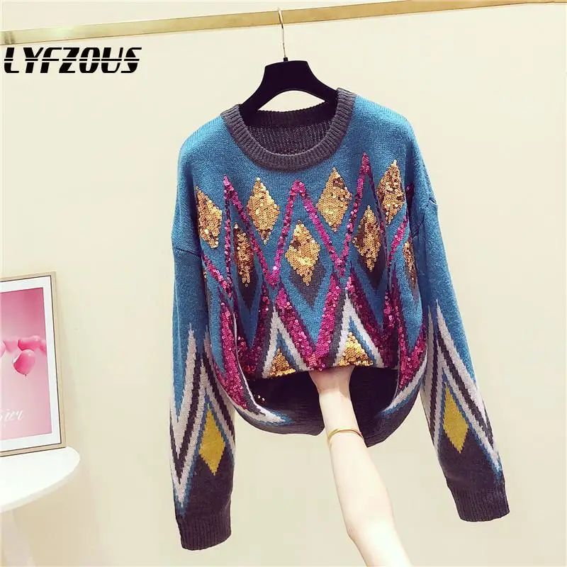 LYFZOUS pesado sudadera de lentejuelas cuello redondo para mujeres Jersey otoño nuevo contraste Color con lentejuelas suéter de punto azul para mujer