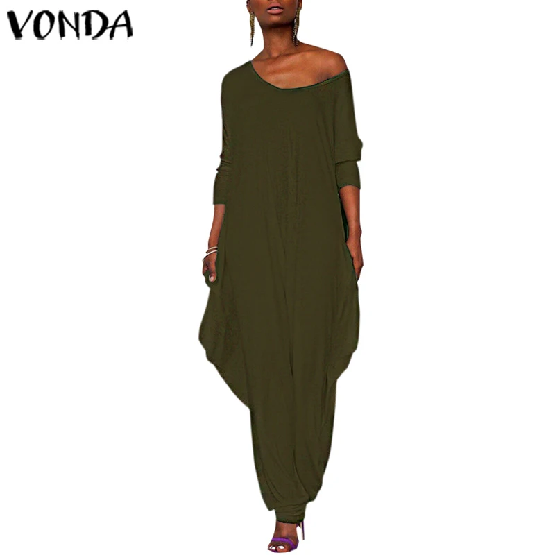 VONDA, модный осенний женский длинный сексуальный женский комбинезон, элегантный комбинезон с открытой спиной и коротким рукавом, женский комбинезон размера плюс s - Цвет: Армейский зеленый