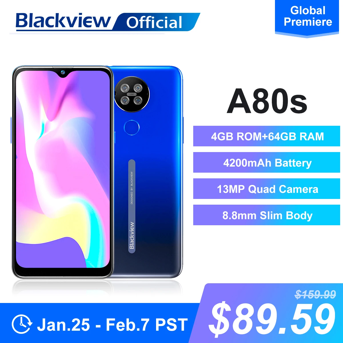 Blackview a80s 4gb + 64gb smartphone 13mp quad câmera 4200mah android 10 octa núcleo face id 4g telefone móvel impressão digital