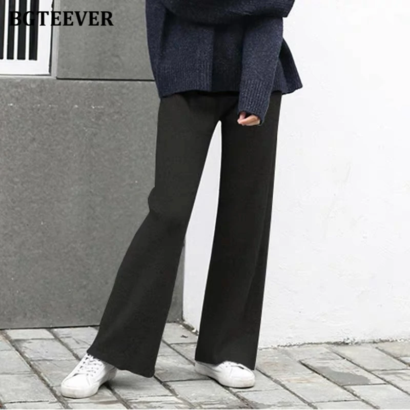 BGTEEVER Autumn Winter Loose Elastic Waist Women Straight Leg Knitted Pant 2020 Ladies Casual Sweater Trouser Floor length Pants