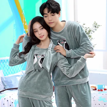 

Winter Long Sleeve Women Pajamas Set Warm Striped Seal Lovers Flannel Pajama Couple Coral Velvet Sleep Wear Pyjamas 2Piece Set
