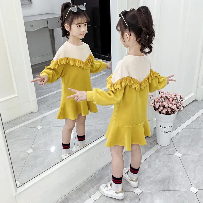 Yellow Повседневные детские платья для маленьких девочек; вязаное платье принцессы с длинными рукавами; зимнее утепленное бархатное детское платье с оборками для детей 4-14 лет - Цвет: Yellow