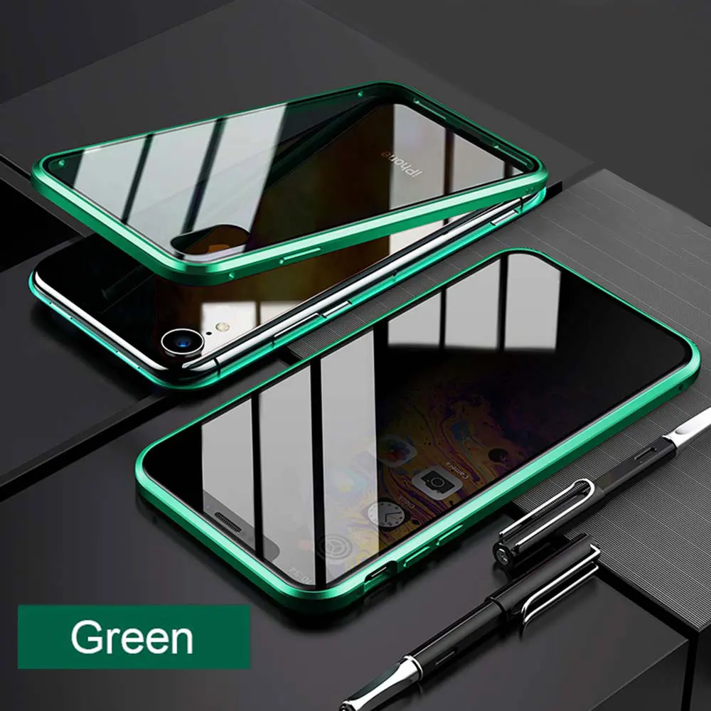 Магнитный чехол из закаленного стекла для iPhone XS MAX XR X 7 8 Plus, двустороннее стекло с магнитной защитой - Цвет: Dark Green