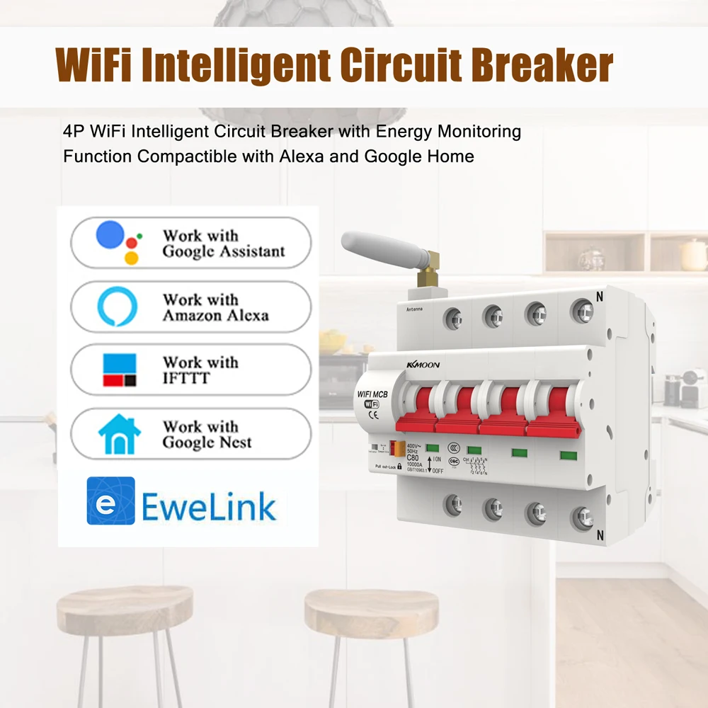

Hot New 4P WiFi Intelligent Circuit Breaker with Energy Monitoring and Meter Function Compactible with Alexa and Google Home