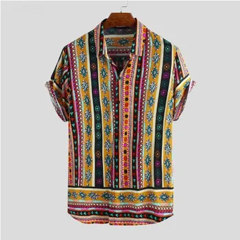 

2020 Retro Print Men Casual Shirt Lapel Neck Tops Ethnic Style Short Sleeve Shirts Men Camisa Streetwear Hawaiian Shirt