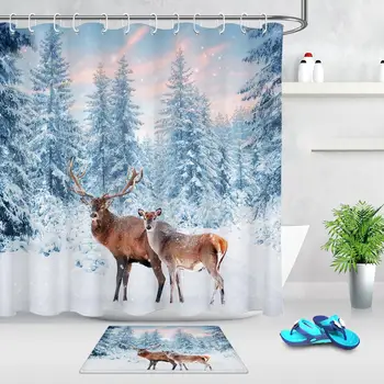 

Winter Woods Deer Pattern Shower Curtain Bath Rug Floor Mat Bathroom Accessories Bathtub Curtains with 12 pcs Hooks