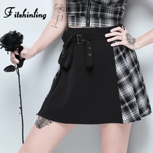 Fitshinling Plaid Patchwork Gothic Skirts Womens Pocket Belt Buckle Goth Dark A Line Skirt High Waist Slim Sexy Jupe Femme 2019