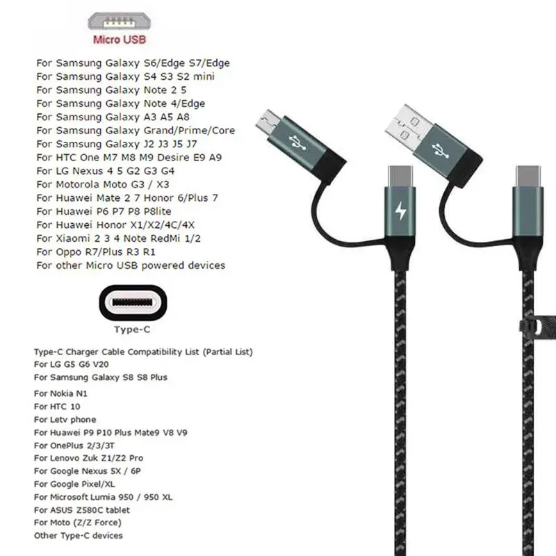 60W 3A нейлоновая оплетка 4 в 1 несколько USB+ type C к USB C+ Micro USB Быстрая Зарядка адаптер кабель для передачи данных Шнур для samsung huawei A