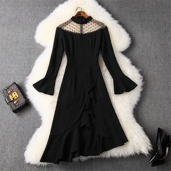 

2020 New Fashion Spring Women Dress Elegant Designer Flare Sleeve Polka Dot Tulle Patchwork Ruffle Asymmetrical Dress Party