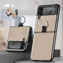 

Phone Case for Samsung Galaxy Z Flip 3 flip3 5G Phone Cover Leather Hard Plastic Metral Finger Ring Case for Galaxy Z Flip3