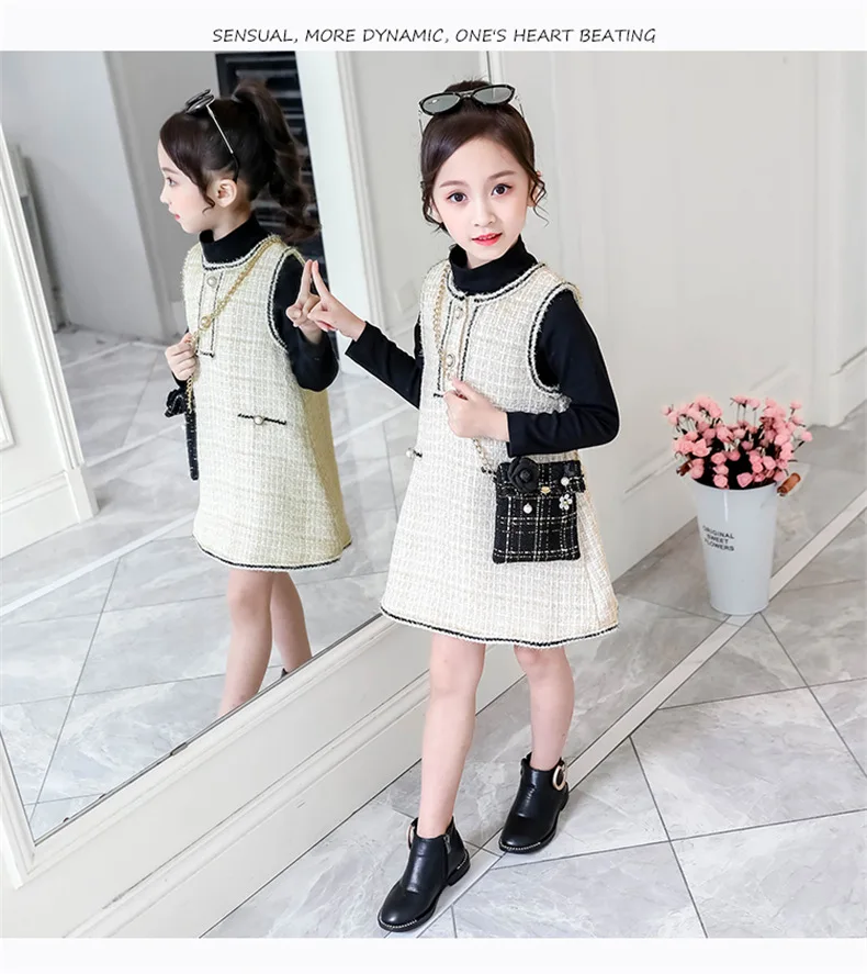 

New autumn/spring England little CC style long-sleeved blouses with bow+sleeveless woolen dress set suits for teenage girls