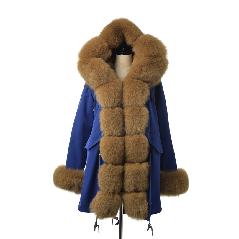 FURSARCAR Fashion Jacket Real Fur Parka Women Luxury Winter 80 CM Blue Coat With Fox Fur Collar And Cuff Casual Warm Fur Parka