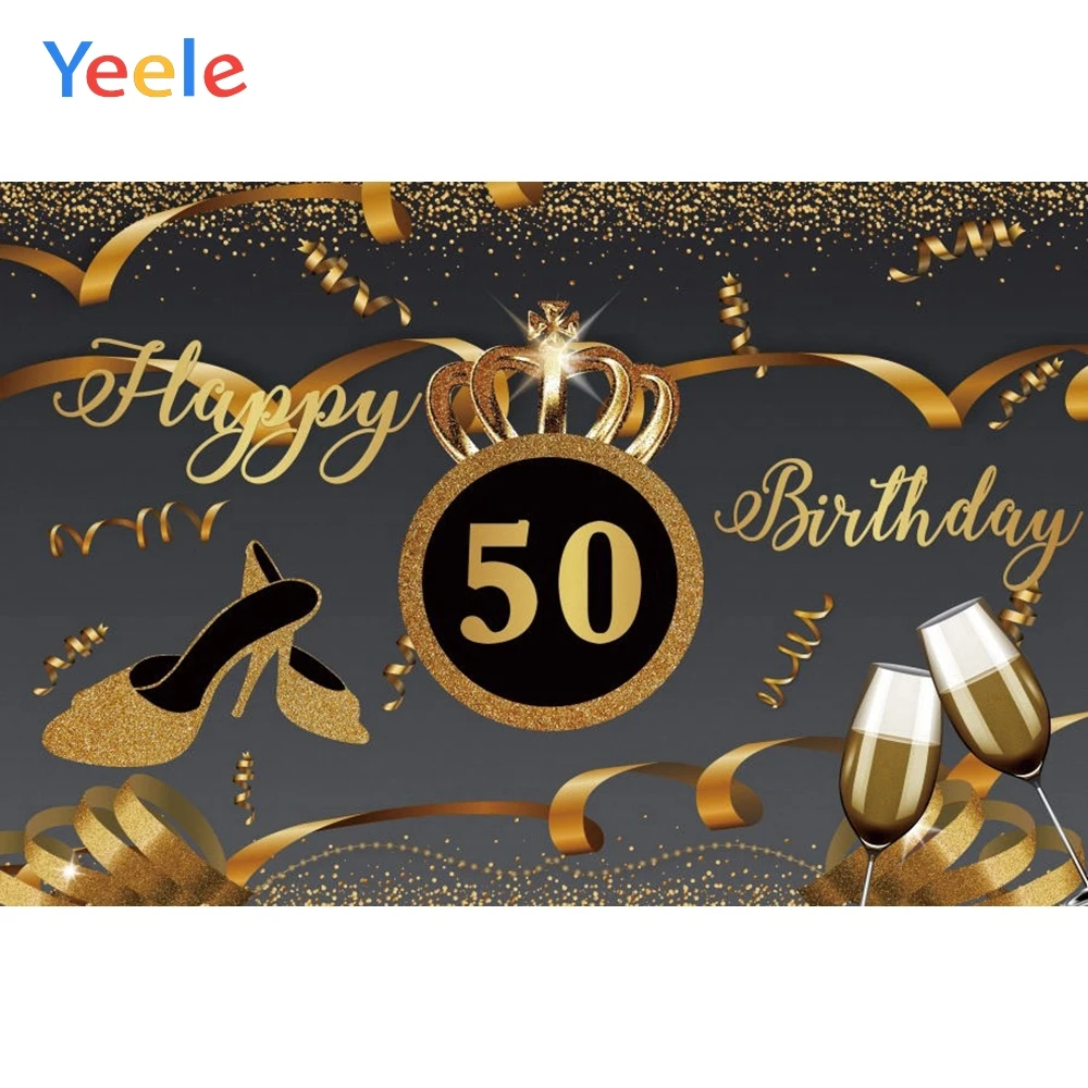 

Happy 50th Birthday Backdrop Golden Crown High Heels Wine Custom Photography Background For Photo Studio Photophone Photocall