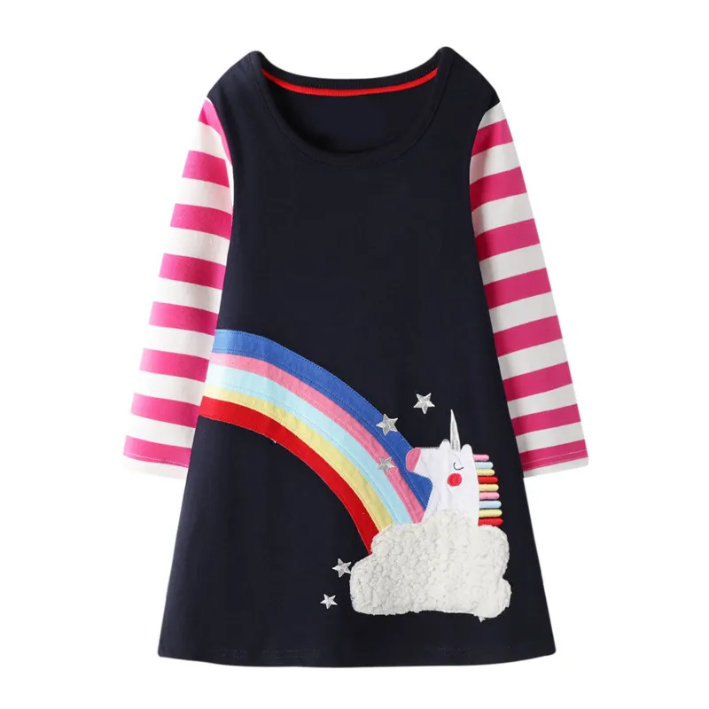 Jumping Meters Princess Unicorns Girls Dresses Rainbow Applique Cute New Baby Clothes For Birthday Gift Cotton Fashion | Детская одежда