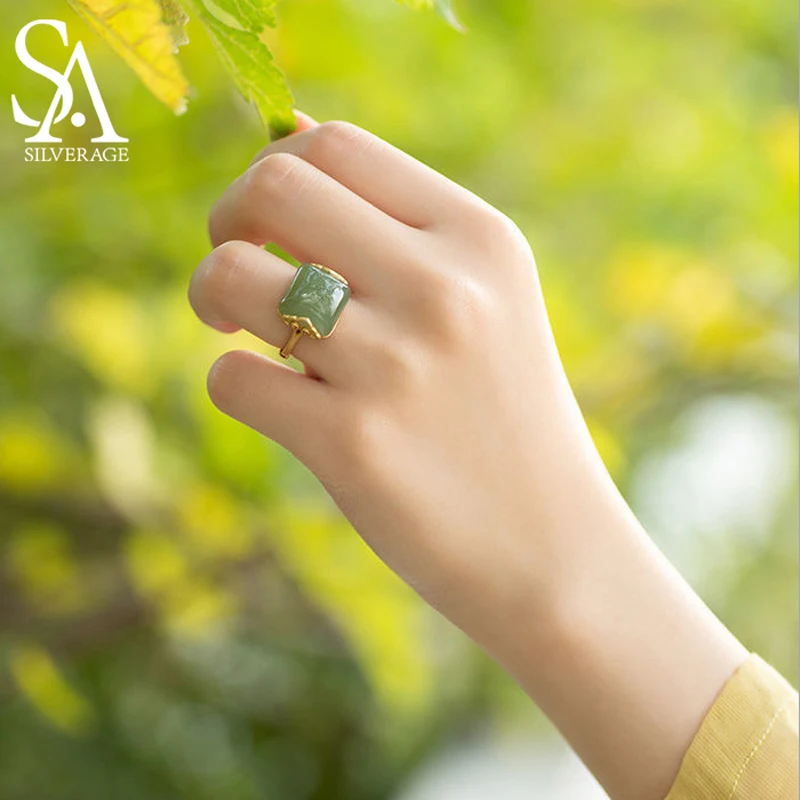 SA SILVERAGE Retro Elegant Opening Jade Ring Sterling Silver Rings Original S925 Sterling Silver Jade Lady Temperament Simple