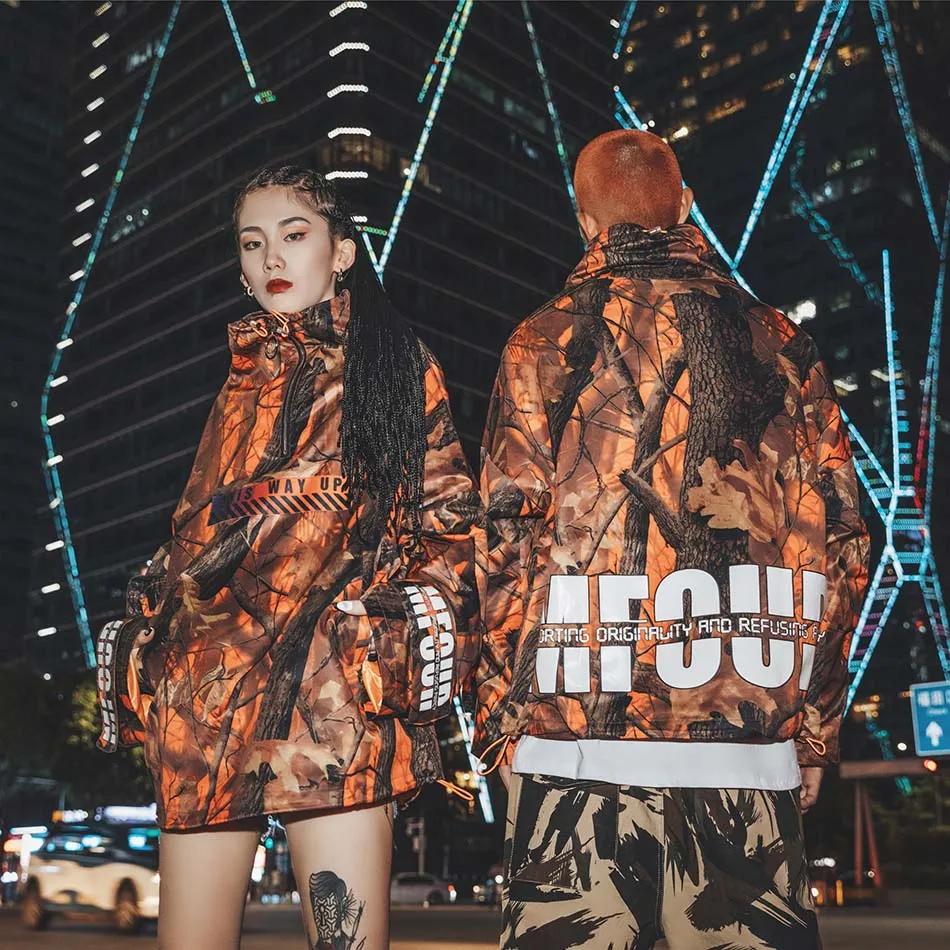 Letter Leaf Branch Print Stand Windbreaker Coats High Street Loose Casual Harajuku Streetwear Bomber Jacket Couple Stand Coats