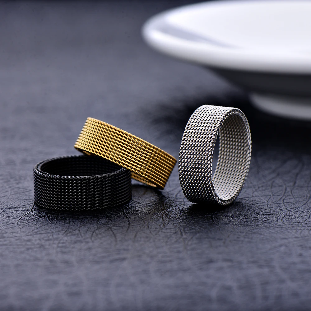 Stainless Steel Ring Finger Ring Gold Color Ring 8MM Mesh for Men and Women Size 7-10#