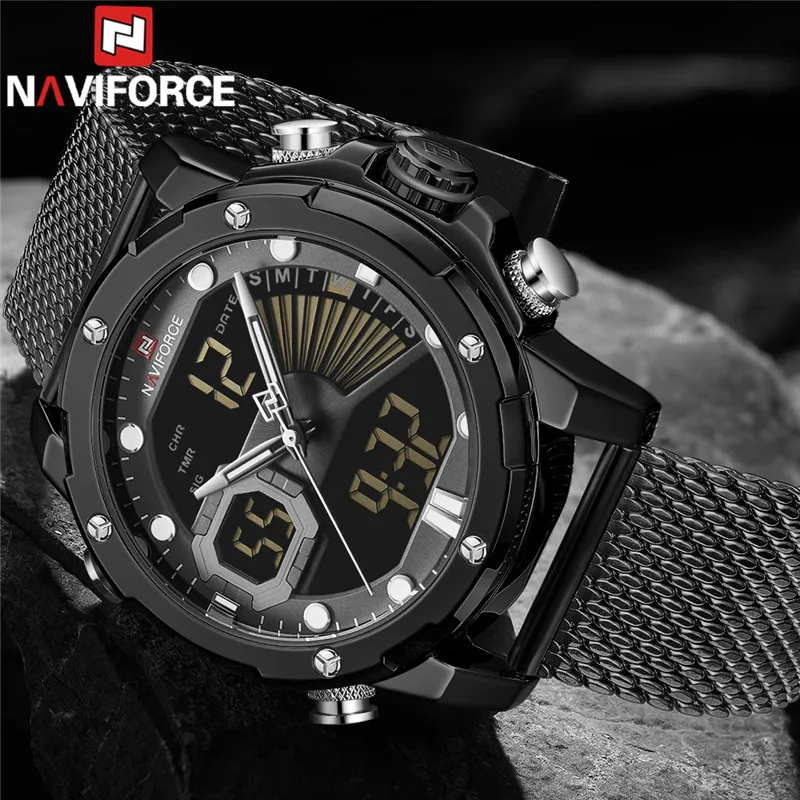 NAVIFORCE мужские часы, кварцевые цифровые мужские часы, военные спортивные сетчатые часы из нержавеющей стали, лучший бренд, роскошные черные мужские наручные часы 9172