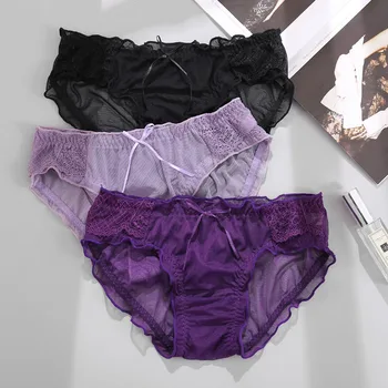 

Sexy Transparent Lace Panties Bowknot Decor Net Yarn Fashion Perspective Underwear Comfort Female Briefs Underpants