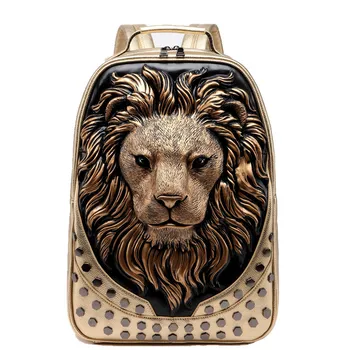 

3D Embossed Lion Head Studded Rivet Gother Men Backpack Women Leather Soft Travel punk rock Backpack Laptop School Halloween Bag