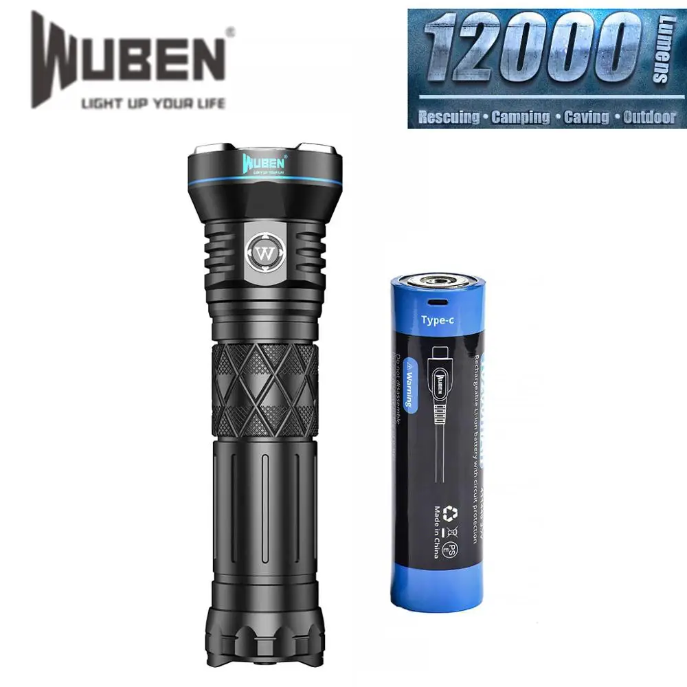 US $312.48 WUBEN A9 12000LM High Power LED Flashlight Type C Rechargeable CREE LED IP68 waterproof Torch with 10200mAh battery For Hunting