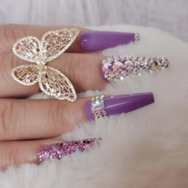 24pcs Luxury Jewelry Wide Head Crystal Full Of Diamonds Long Ballet Coffin  Fake Nails Sexy Purple - False Nails - AliExpress