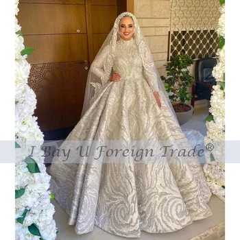 شراءفستان زفاف فاخر مطرز بالكامل دانتيل كم طويل 2021 خمر رقبة عالية فستان زفاف ذيل طويل دانتيل زينة عمل يدوي
