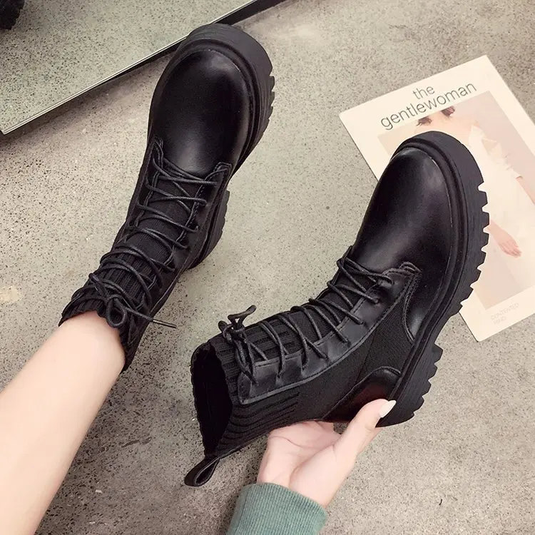 

freeshipping 2019 Autumn Winter new women shoes Korean flying weaving line Elastic Short Platform Bottom Solid Toe Martin Boots