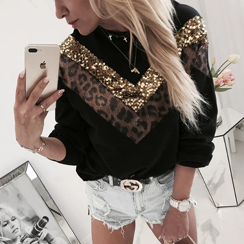 Billig Frauen Pailletten Lippen Druck Modische Sweatshirt Herbst Leopard Langarm Perlen Hoodie Dame Oansatz Kawaii Sweatshirt Hoodies