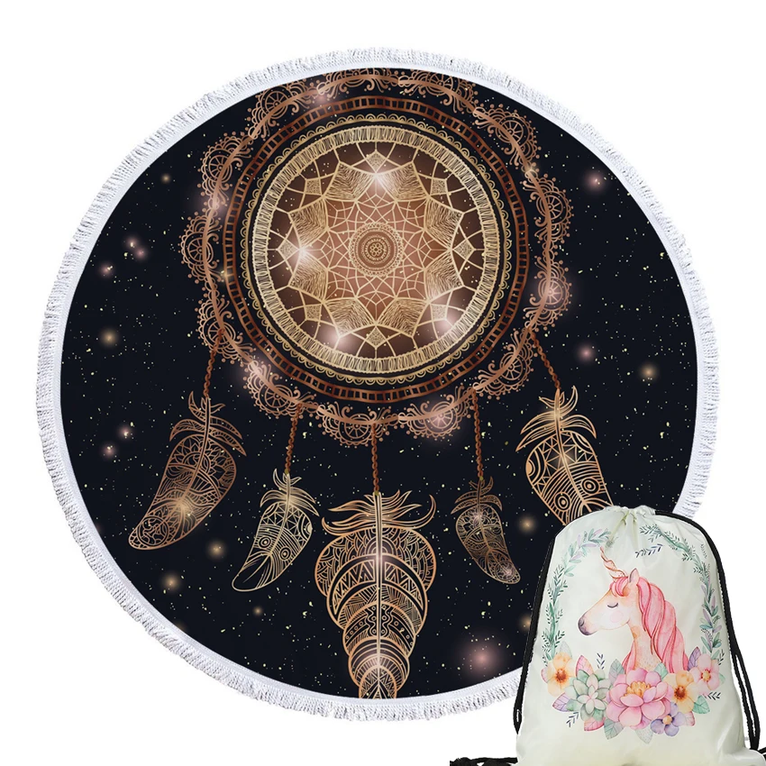 

Soft Beach Towels Geometric Summer Round Real Microfiber Towels with Tassel Yoga Blanket Cover Up with Drawstring Backpack Bag