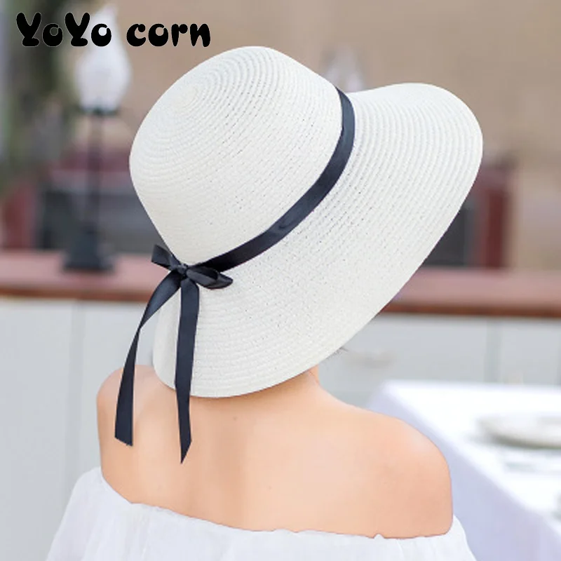 YOYOCORN соломенная шляпа женская летняя маленькая свежая шляпа от солнца плавающий пояс Солнцезащитная Складная большая пляжная шляпа от солнца - Цвет: Белый