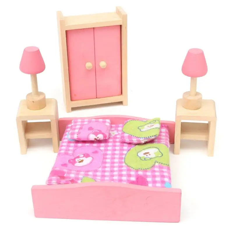 Bedroom Миниатюрный деревянный кукольный домик мебель игрушки набор для детей ролевые игры 6 комнат набор/куклы игрушки Аксессуары для миниатюрного кукольного домика - Цвет: Bedroom