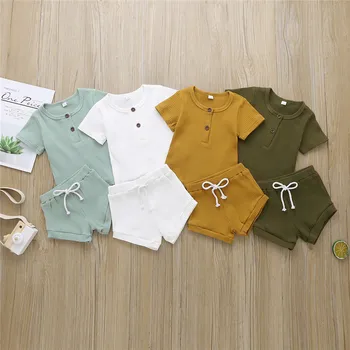 

Cotton Casual Summer Newborn Baby Boys Girls Outfits Suit Ribbed Knitted Short Sleeve T-shirts Tops+Shorts 2Pcs Kids Tracksuits