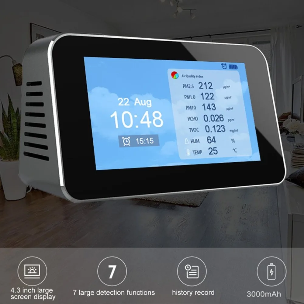 PM2.5/PM10/PM1.0/TVOC/CO2 тестер AQI анализатор качества воздуха детектор температуры и влажности монитор домашний счетчик смога w/Будильник