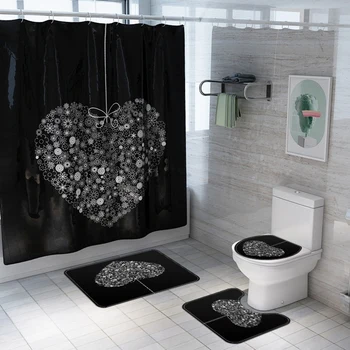 

HOT SALE Bathroom Set Heart Pattern Waterproof Shower Curtain Toilet Cover Mat Non Slip Rug Set