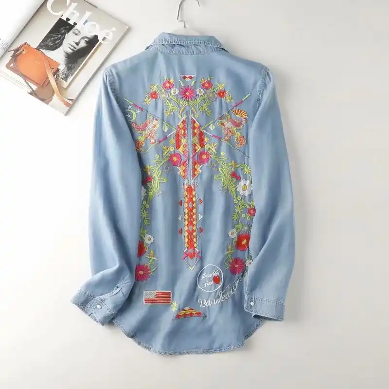 Chemisier Pour Femme En Denim Bleu Avec Broderie De Fleurs Chemisier Elegant Pour Femme Manches Longues Vintage Decontracte Aliexpress