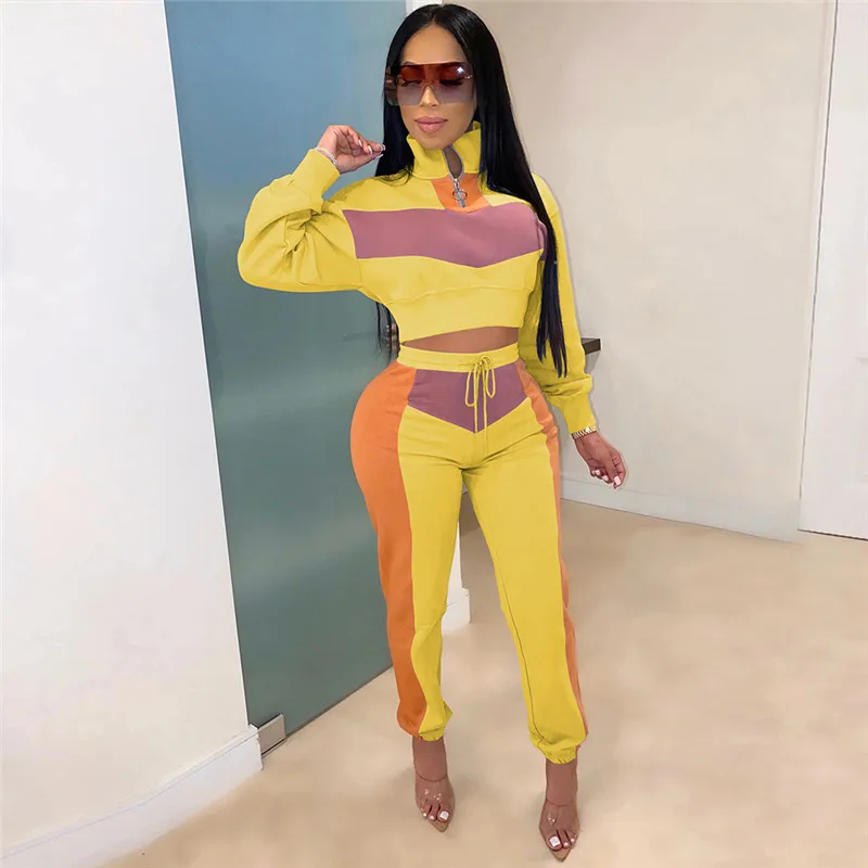 Yellow suit Хит, цветная Женский комплект 2 шт. спортивная одежда, топ с воротником-стойкой+ штаны для бега, бегунов, осень, верхняя одежда для активного отдыха - Цвет: Yellow suit