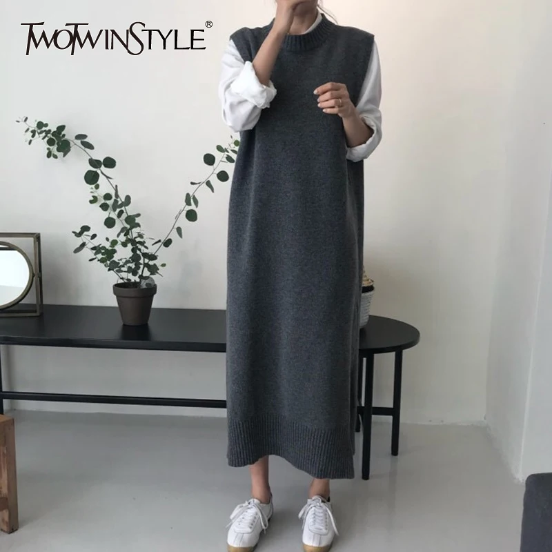 TWOTWINSTYLE винтажные вязаные женские платья с круглым вырезом без рукавов высокой