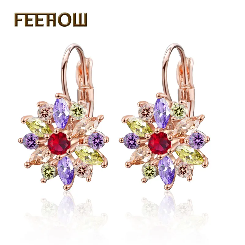 

FEEHOW 6 Colors Fashion Multicolor Flower Hoop Earrings with Cluster Clear Crystal Zirconia For Women Jewelry Brincos FWEP609
