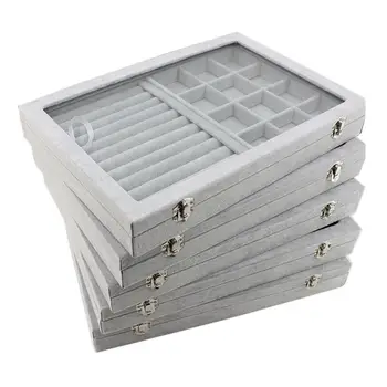 

Transparent Lid Velvet Grid Jewelry Tray Stackable Display Display Showcase Lockable Storage Storage Box，Ring Tray