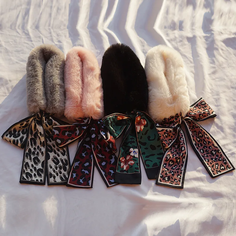 

Korean-style Leopord Pattern Bow Sunday Angora Yarn Neckerchief Autumn And Winter Warm Versatile Ribbon Furry Scarf Lace-up Silk