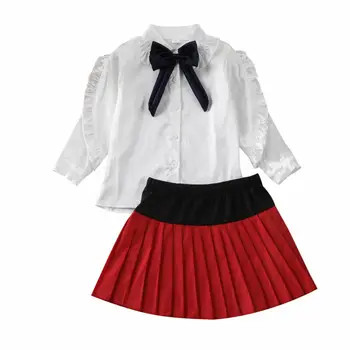 

2PCS Toddler Baby Girl Dress Bow-knot white button shirt long sleeve Tops red Pleated Skirt Princess Party Dress outfit set
