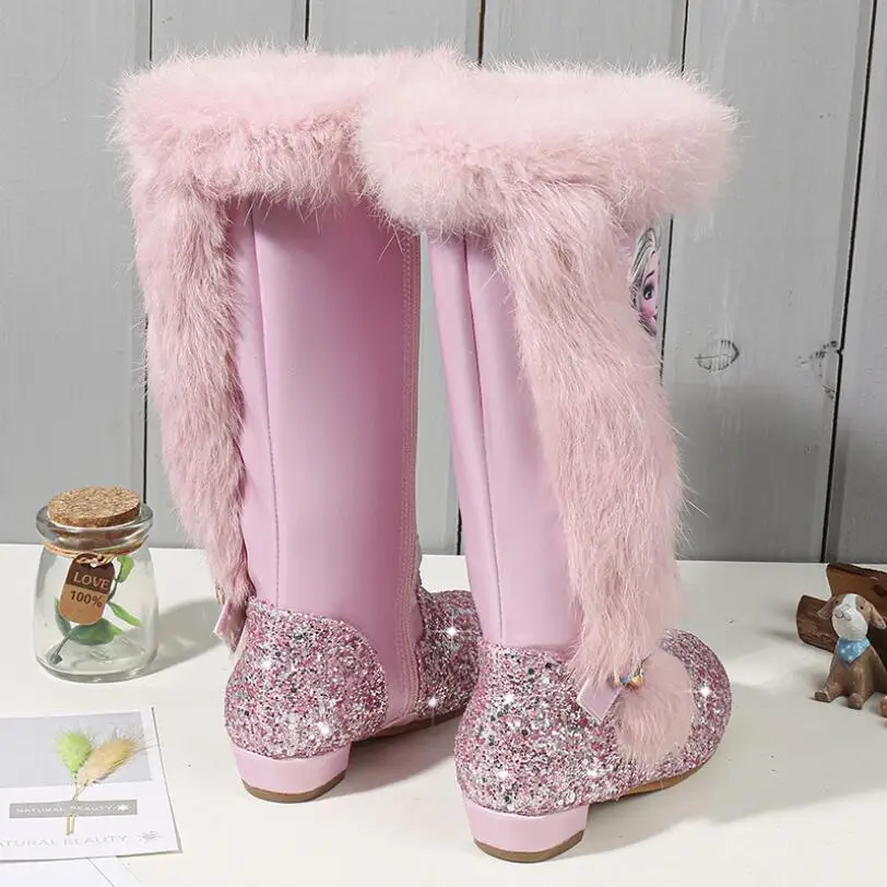 Модные ботинки «Эльза» для девочек; Детские Водонепроницаемые ботинки принцессы из искусственной кожи; теплые хлопковые ботинки для детей; ботинки для крупных девочек