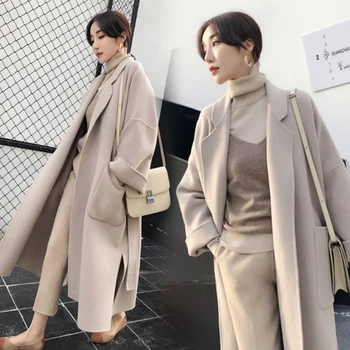 

Women Coat Woolen Long Cardigans Belt Jacket Wool Manteau Femme Elegant Pockets Outweare Loose Casual Blend Wakeey 2020