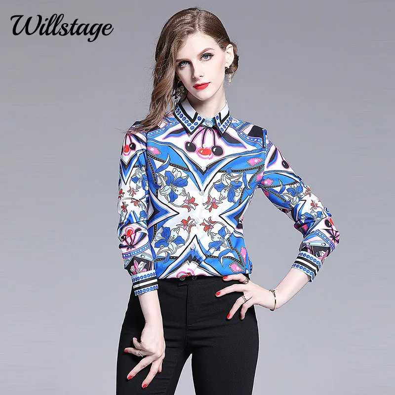 Willstage 2019 осенние Рубашки женские цветы печать на ткани блузка длинный рукав