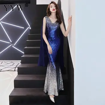 

Luxury Gradient Sequined Mermaid Dress Sexy V Neck Prom Dress Women Fashion Formal Party Gowns Zipper Back Trumpet Evening Dress