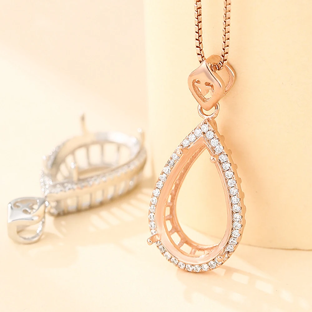925 Sterling Silver Zircon Pave Pendant Base Teardrop Cabochon Pendant Setting for 12X19mm Gemstone Women's DIY Jewelry Finding