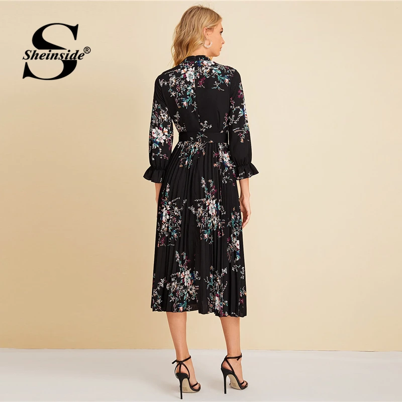 Sheinside Floral Print Flounce Sleeve Dress Women Autumn Pleated Hem A Line Dresses Ladies Casual Black Belted Dress