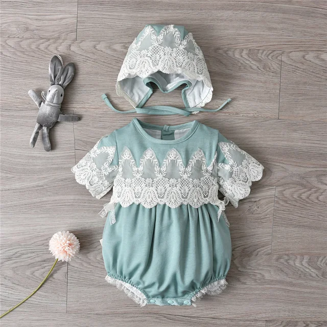 Spanish Baby Girl Romper With Hats Summer Newborn Lace Rompers Toddler Clothes Cute Baby Bodysuit Short Sleeve Infant Jumpsuit green set